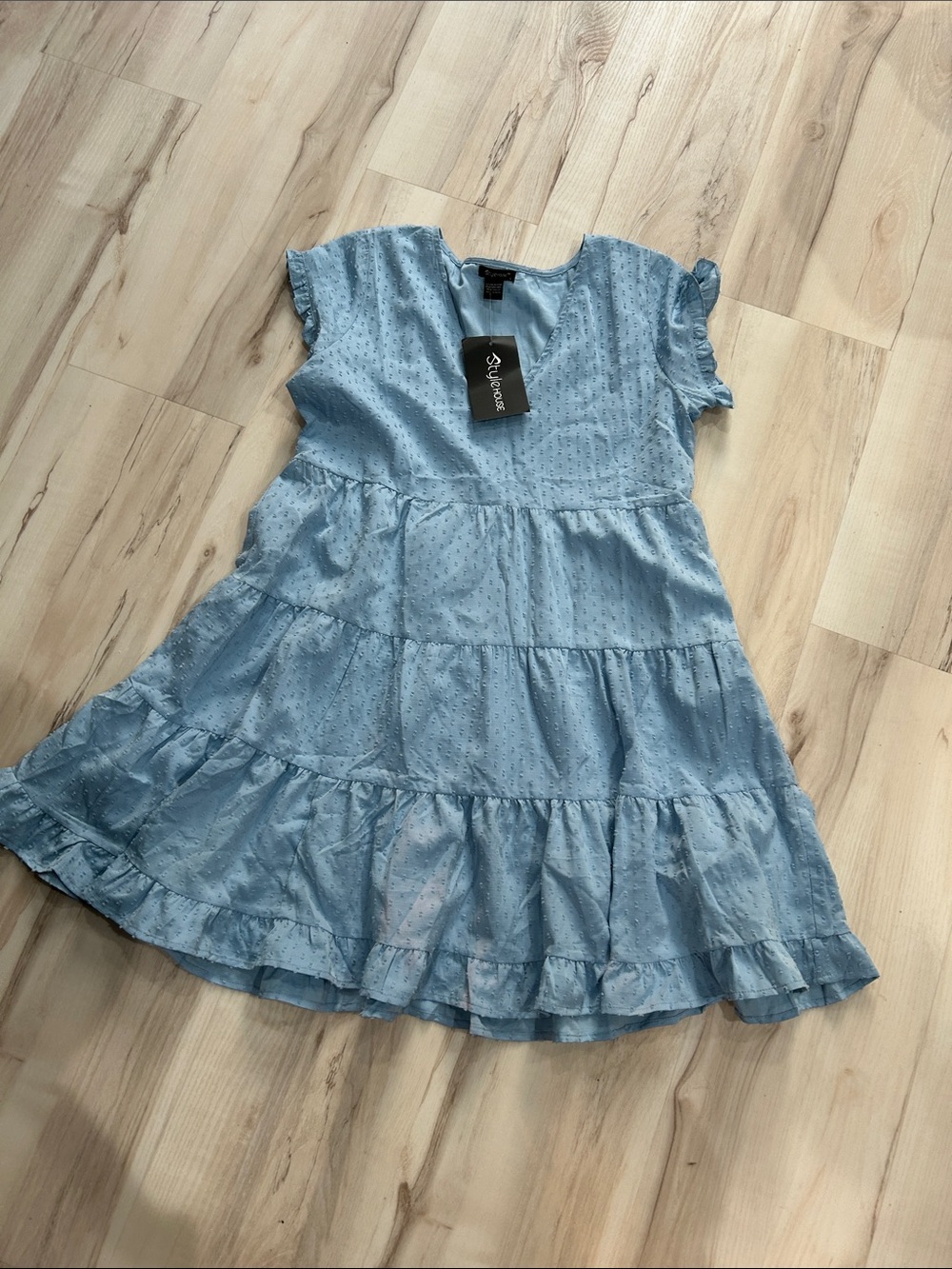 Light Blue Tiered Eyelet Midi Dress with Flutter Sleeves